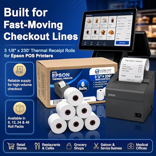 3 1/8 x 230 Thermal POS Rolls for Epson Printers, BPA Free Thermal Printing Compatible with TM-T88 TM-T70 TM-T80 TM-T85 TM-H6000 T90 Series, Credit Card Machine & POS Printer Supplies, Pack of 06 - size: 06 rolls