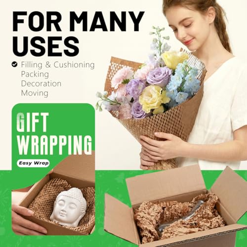 SMART&CASUAL Honeycomb Packing Paper 15" W x 150' L Bubble Cushioning Wrap for Packing Moving Product Gift Wrapping Paper Recyclable Biodegradable Shipping Packing Materials (20 Fragile Stickers) - size: 15 Inch x 150 Feet