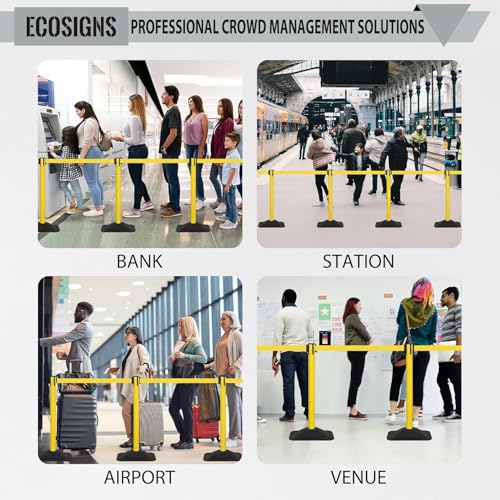 ECOSlGNS 4 Pack Heavy Duty Crowd Control Stanchions for Banks, Events, Retail with 10ft Retractable Belt, Non-Slip Weighted Rubber Base (Yellow) - color: Yellow, size: Rectangle Base - 4 Pack