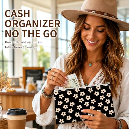 Money Bag with Zipper, Cute PU Leather Cash Bags, Portable Bank Bag Money Pouch for Cash, Coins, Checks, Receipts, Invoices Cosmetics Tools, Deposit Bag for Office Travel, Black Daisy - color: Black Daisy