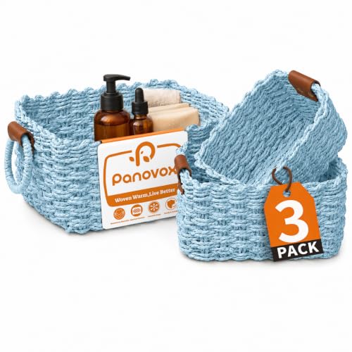 Small Wicker Baskets, 3 PCS Paper Rope Baskets for Shelves, Light - color: Light Blue