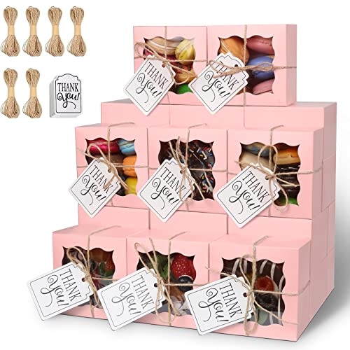 KPOSIYA 60pcs Small Cookie Boxes with Window, 4x4x2.5 Pink Bakery Box - color: Pink, size: 60