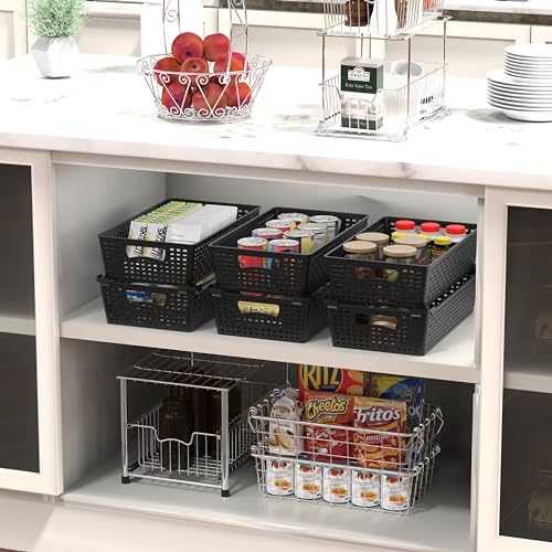 Simple Houseware Stackable Plastic Woven Basket Organizer, 6 Pack, Black - color: Black, size: 6 Pack