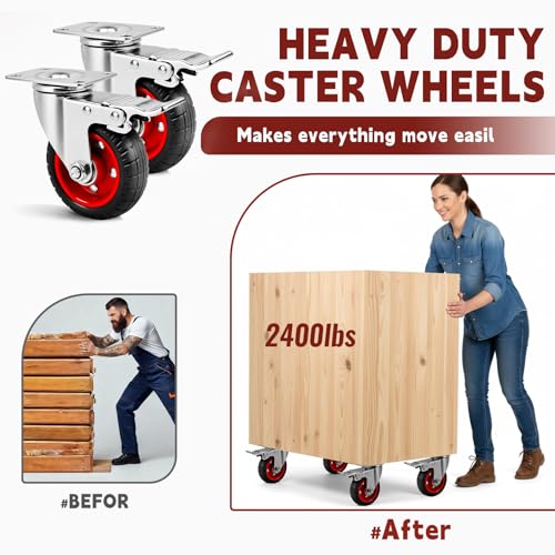 4 Inch Caster Wheels Heavy Duty with Dual-Lock Safety Brake and Rubber Tire Wheels, Heavy Duty - 300 Lbs Per Caster for Workbench, Trolley, Cabinet, Swivel Rubber Wheel 4-Packs with mounting Hardware - size: 4 Inch