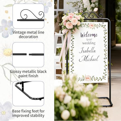 Garvee Adjustable Welcome Sign Stand - 54 inch & 69 inch Height | Sturdy Metal Sign Holder for Wedding, Birthday, Party, Guest Book | Includes 2 Pairs Leather Straps (Black