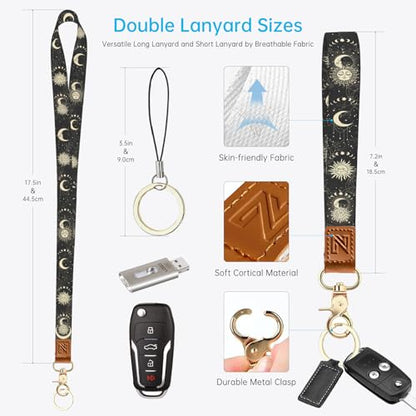 2-in-1 ID Badge Holder & Lanyard Wallet，Cute Zippered Pouch Sun and Moon - color: Sun and Moon
