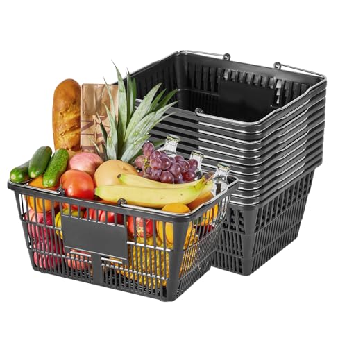 VEVOR Shopping Baskets, 12 PCS, 21L Stackable PE Plastic Grocery Baskets with Handles, Dense Mesh Structure, Holds up to 20 lbs, Portable for Grocery, Retail, Stores, Supermarket, Home Use, Black - style: Plastic+Metal Black (12 PCS)