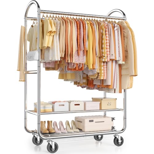 EAGMAK Heavy Duty Clothing Racks for Hanging Clothes 720 Lbs, Rolling Clothes Rack Double Rod Garment Rack with Lockable Wheels, Metal Closet Organizer for Bedroom, Laundry, Retail, Silver - color: Silver