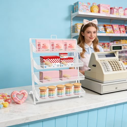 4 Tiers Retail Display Stand, Retail Candy Display Rack, Chip Rack Display Stand, Snack Organizer, Countertop Display Candy Snacks Rack, Snack Shelf for Stores, Office, Bakery, Supremarket (White)