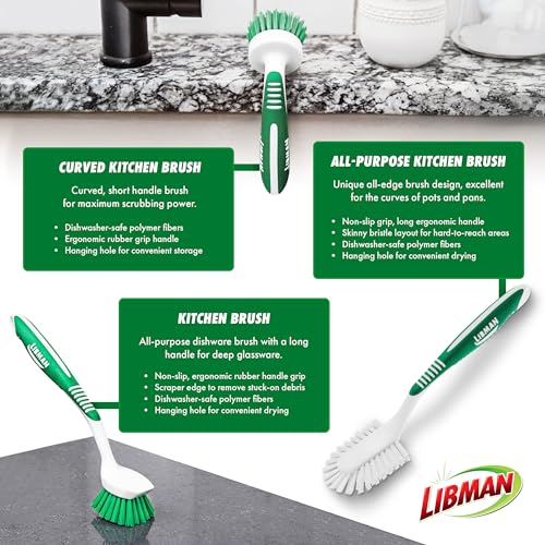 Libman Green & White Cleaning Brush Kit, 3-Piece Set, All-Purpose Brushes for Kitchen, Basins, Sinks, Dishwashers - style: Kitchen Brush Kit