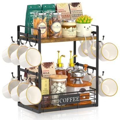 EsLuker.ly Coffee Mug Cup Holder Tree Bar Station Organizer, 2 Tier - color: Antique Brown + Black