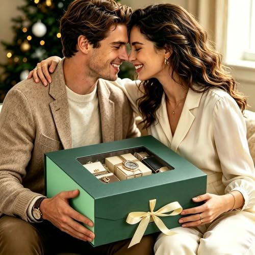 5 Pcs Green Gift Box for Presents with Ribbon 13.2x11x5.3 Inches Clear Gift Box with Window Magnetic Closure Gift Boxes with Lids - color: Green-13.2x11x5.3 Inches (Pack of 5)