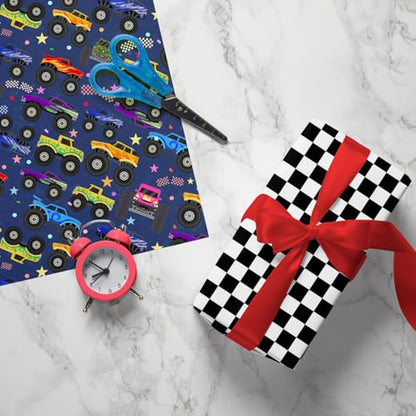 Cuitpan Monster Truck Wrapping Paper Roll - Holiday Gift Wrap Black & White Checkered Flag on Reverse - Perfect for Kids and Boys Birthdays Gift Wrapping - 17 Inches x 16.5 Feet (24 sq. ft) - color: Monster Truck-Blue