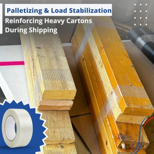 Filament Tape Bi-Directional Cross Weave, Fiberglass Reinforced Strapping Tape, Heavy Duty Industrial Packing & Palletizing, Strong Adhesive Shipping Tape 3" x 60 Yards, 2 Rolls