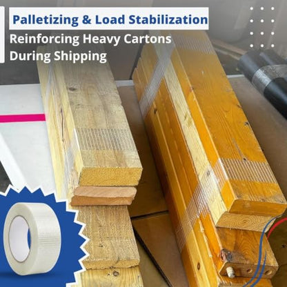Filament Tape Bi-Directional Cross Weave, Fiberglass Reinforced Strapping Tape, Heavy Duty Industrial Packing & Palletizing, Strong Adhesive Shipping Tape 3" x 60 Yards, 2 Rolls