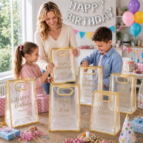 SHIPKEY 10 PCS Clear Gift Bags with Handles, Small Gold PVC Party Bag - color: Brown - Small