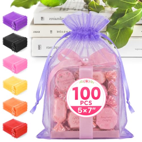 ANZNKU 100PCS Organza Bags 5x7 Purple Small Gift Mesh Drawstring Goodie Bag - color: Light Purple