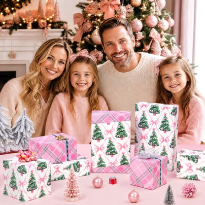 WERNNSAI Pink Christmas Wrapping Paper 17 In x 33 Ft Xmas Tree Gift Wrap - color: Christmas Pink Bow