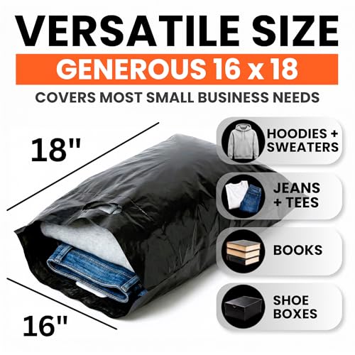 16x18 Large Plastic Shopping Bags for Small Business with Handles - color: Black