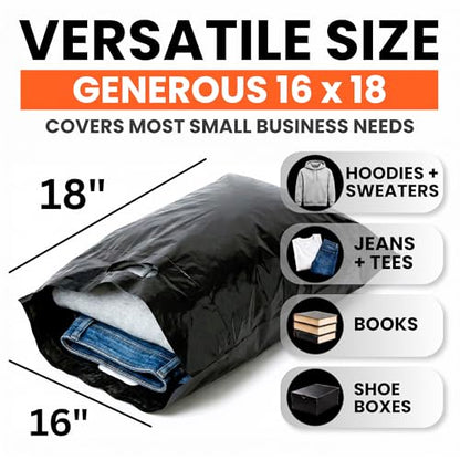 16x18 Large Plastic Shopping Bags for Small Business with Handles - color: Black