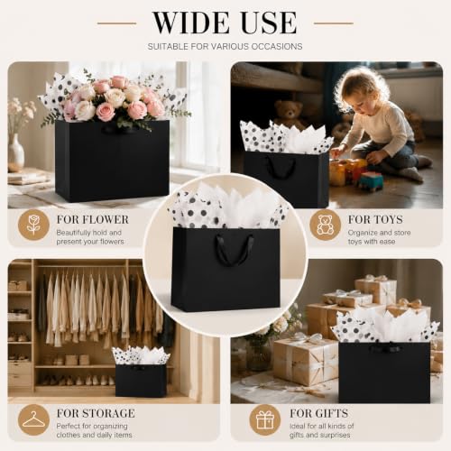 Offizon 12PCS Black Gift Bags with Stripe Tissue Small Bag 8.7x3.9x7.1in - color: Small-Black1-6PCS