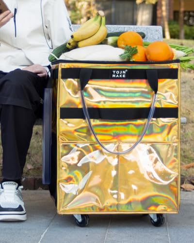 Reusable Grocery Bag with Wheels, Medium Glitter Gold Rolling Tote - color: Glitter Gold, size: Medium