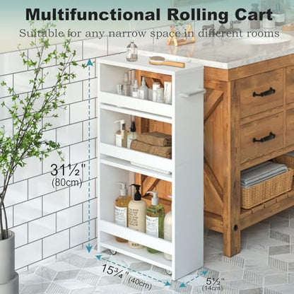 MARTY Slim Rolling Storage Cart, Wood Utility Kitchen Bathroom Laundry Cart - color: White, size: 5.51"D x 15.75"W x 31.5"H