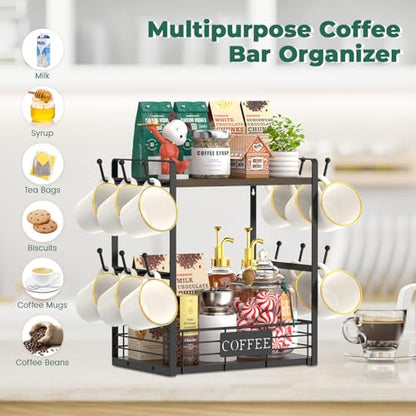 EsLuker.ly Coffee Mug Cup Holder Tree Bar Station Organizer, 2 Tier Brown - color: Brown + Black