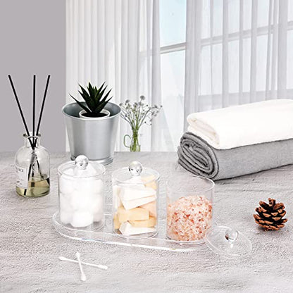 SheeChung 3 PCS Qtip Holder Bathroom Set with Tray, Acrylic Apothecary Jars - color: Clear