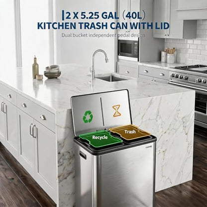 10.5 Gal Dual Compartment Stainless Steel Kitchen Trash Can with Lid, 20L+20L Recycling Garbage Bin, Soft Close Foot Pedal Trash Bin with 2 Removable Inner Buckets, Fingerprint Resistant for Home Offi - color: Stainless Steel, size: 2x5.25Gal