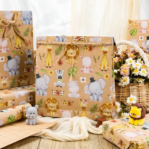 Yarcony Kraft Baby Shower Wrapping Paper, Jungle Animals Wrapping Paper, Cute Little Lion Giraffe and Elephant Themed Baby Gift Wrap for Kids Girls Boys Birthday Party Gender Neutral (17 In X 33Ft) - color: Kraft Animal, size: 17 Inch X 33 Feet
