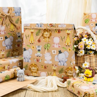 Yarcony Kraft Baby Shower Wrapping Paper, Jungle Animals Wrapping Paper, Cute Little Lion Giraffe and Elephant Themed Baby Gift Wrap for Kids Girls Boys Birthday Party Gender Neutral (17 In X 33Ft) - color: Kraft Animal, size: 17 Inch X 33 Feet