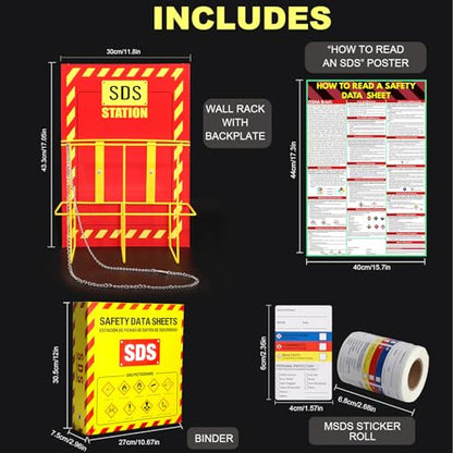 MSDS SDS Binder and Wall Station,Yellow Heavy Duty 3 Inch Material Safety Data Sheet 3 Ring Binder with SDS Wire Rack and Display Sign, Chain,Mounting Hardware,Safety Posters,MSDS Labels