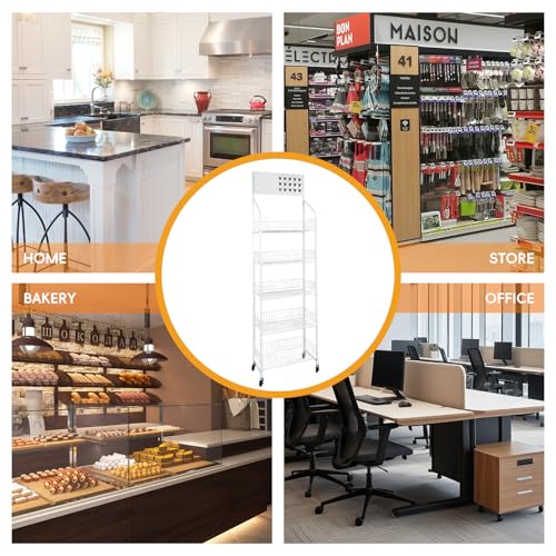 5 Tier Snack Rack Display Stand - Retail Display Shelves with Top Pegboard, 15 Hooks, Bakery Display Rack on Wheels for Easy Mobility and Organization (White) - color: White