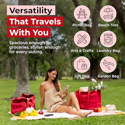VeraMia Canvas Grocery Bag 3pc XL Set with Real Pockets, Long Shoulder Strap and Short Handle. Heavy Duty, Foldable, Washable - color: Cranberry