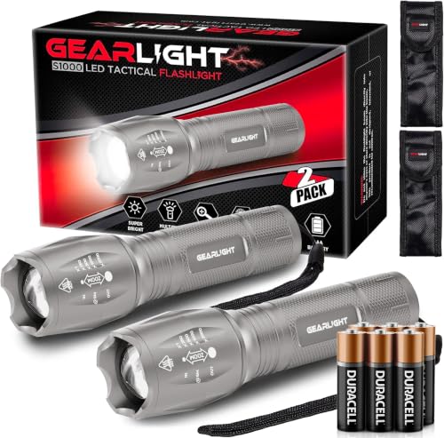 GearLight LED Flashlight High Lumens, Mini Tactical LED Flashlight 2 Pack, 5 Modes Zoomable Beam, Battery Powered for Camping, Hunting, Home & Emergency, Compact Small LED Flashlight (Gray) - color: Gray