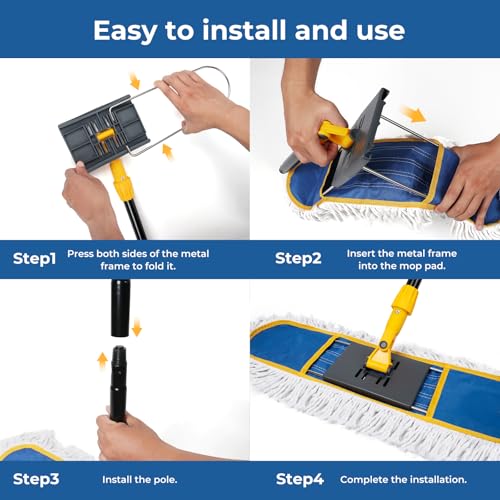 24”Dust Mop for Floor Cleaning, Heavy Duty Sweeper Broom Catches Dust, Pet Hair, and Debris, Washable 2 Cotton Mop Pads, Floor Duster for Hardwood, Tile, Laminate, and LVP Flooring