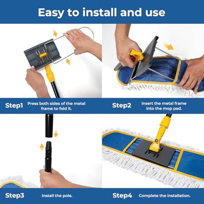 24”Dust Mop for Floor Cleaning, Heavy Duty Sweeper Broom Catches Dust, Pet Hair, and Debris, Washable 2 Cotton Mop Pads, Floor Duster for Hardwood, Tile, Laminate, and LVP Flooring