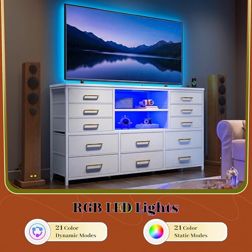 EnHomee Dresser for Bedroom with LED Lights & Charging Station - color: White