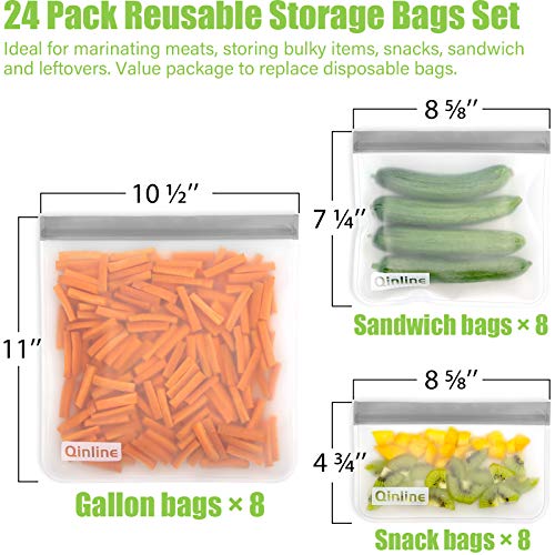 Qinline Reusable Food Storage Bags - 24 Pack Freezer Bag, Reusable Bags, Extra Thick Leakproof Lunch Bag - color: Grey