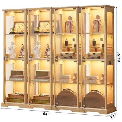 LELELINKY Farmhouse Narrow Glass Display Cabinet with Doors - color: Natural, size: 4 Pack