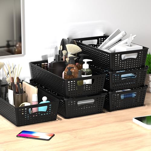 Simple Houseware Stackable Plastic Woven Basket Organizer, 6 Pack, Black - color: Black, size: 6 Pack