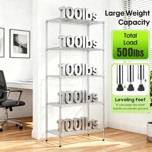 BestOffice | 5-Tier Wire Shelf | 14" x 24" x 60" | Chrome - color: Chrome, size: 14"D x 24"W x 60"H（Adjustable）