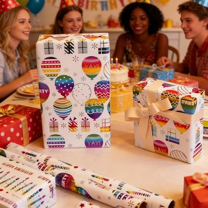 VOWOVOSDAY Happy Birthday Wrapping Paper Roll-3 Rolls-17 inch x 120inch Per roll-Colorful Foil Birthday Wrapping Paper for Valentine's Day,Kids Girls Birthday,Baby Shower(10Balloon&Candle) - color: Iridescent Happy Birthday & Balloon & Candle