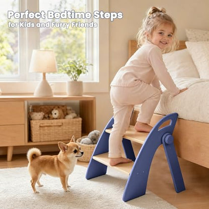 Step Stool for Toddlers, Foldable Wooden 2 Step Stool, Toddler Step Stool for Bathroom Sink & Potty Training, Kitchen Helper with Handles and Non-Slip Pads - color: Dark Blue