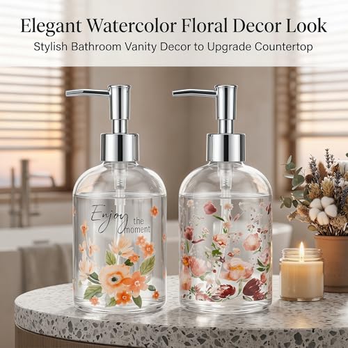 Topadorn Glass Soap Dispenser Set of 2, 17oz Floral Pump Bottles - color: Pink Floral