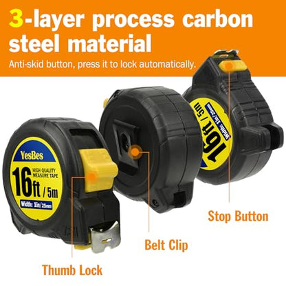 Tape Measure 16 ft, 2 Pack Easy Read Measurement Tape, Self-Locking Measuring Tape Retractable 1-Inch Wide x 16 ft - color: 2 Pack