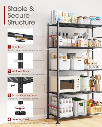 Sakugi 5-Tier Garage Shelving Unit - Heavy-Duty Metal Storage Shelves, Anti-Tip with Leveling Feet, Stable Storage for Kitchen, Pantry and Living Room Organization (Black, 30.7" x 10.6" x 58")