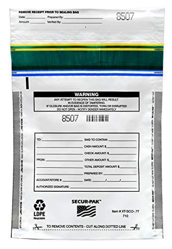 Secur-Pak Deposit Bags - Pack of 100 - Bill Capacity - color: White, size: 7" x 10"