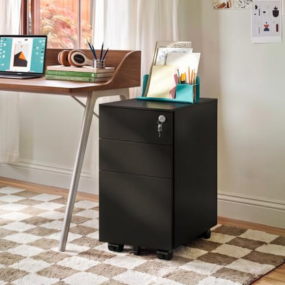 DEVAISE 3 Drawer File Cabinet with Lock, Fully Assembled Except Casters - color: Black, size: 11.8"W x 17.1"D x 23.6"H